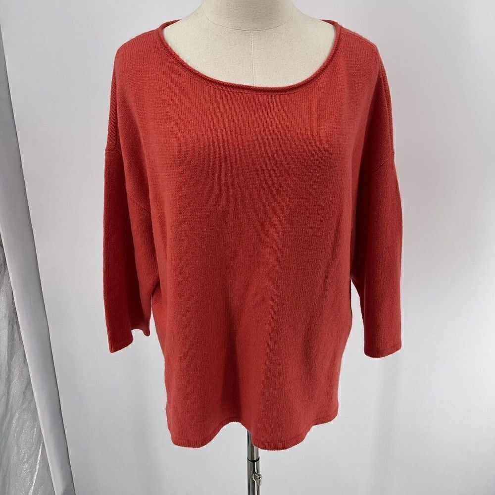 Eileen Fisher Bateau Neck Crop Sweater Large Lava Red Wool Yak Blend BoxM